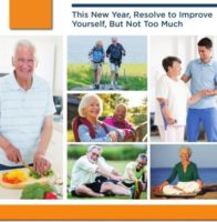 Collage of older adults exercising, eating healthy, laughing