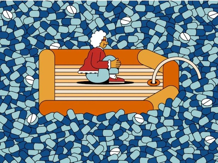 drawing of a woman on lifeboat in a sea of pills