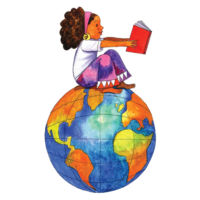 girl reading book perched on globe