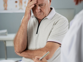 older man grips forehead at doctor's office