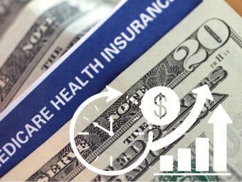 medicare card, twenty dollar bill and upward trending graph