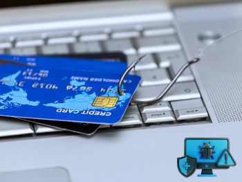 fishing hook pulls credit card across computer keyboard