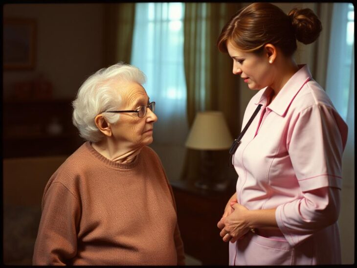 health aid looks down at older woman