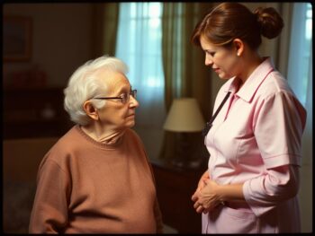 health aid looks down at older woman
