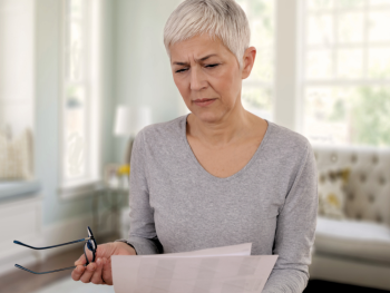 woman frowns while reading contract